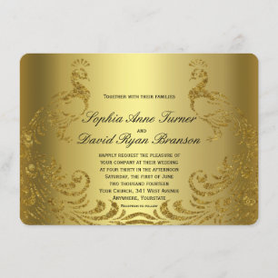 王室の金ゴールドフェイク抽象芸術孔雀ウェディング招待 招待状