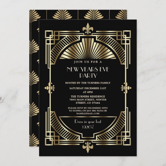 王室の金ゴールドフルーアデリスアールデコ新年パーティー 招待状 (正面/裏面)