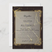 王室の金ゴールドフレームフローラル&ブラックマーブル結婚ズ 招待状 (正面)