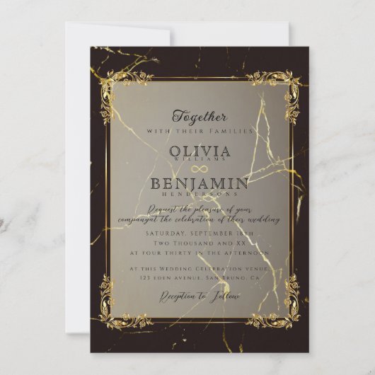 王室の金ゴールドフレームフローラル&ブラックマーブル結婚ズ 招待状 (正面)