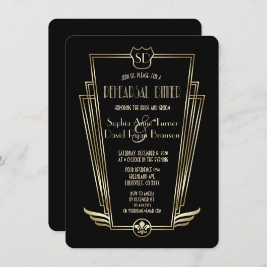 王室の金ゴールドブラックアールデコリハーサルディナー 招待状 (正面/裏面)