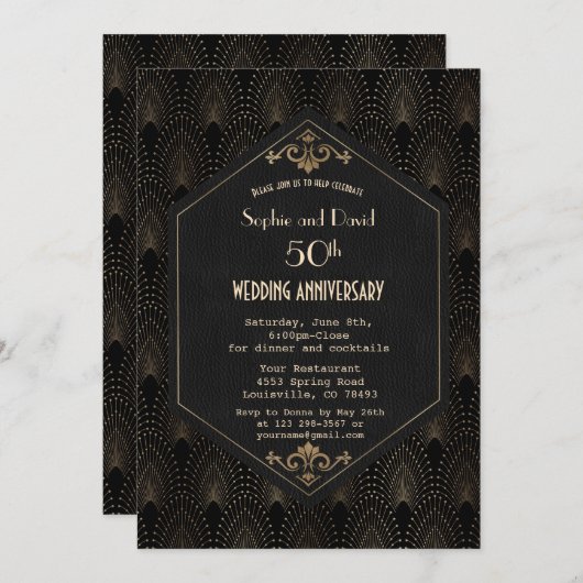 王室の金ゴールドブラック素晴らしギャツビーの結婚記念日 招待状 (正面/裏面)