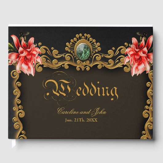 王室の金ゴールド及び赤フローラデザイン ゲストブック (正面)