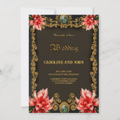 王室の金ゴールド及び赤フローラデザイン 招待状 (正面)