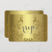 王室の金ゴールド抽象芸術結婚孔雀 出欠カード (正面/裏面)