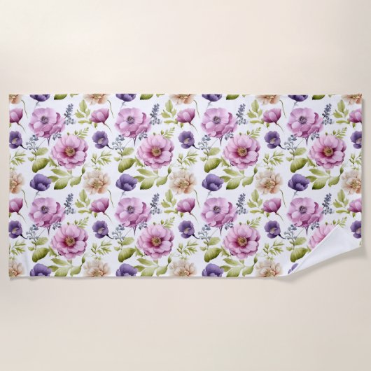 王室の開花交響楽紫色の花の模様 ビーチタオル (正面)