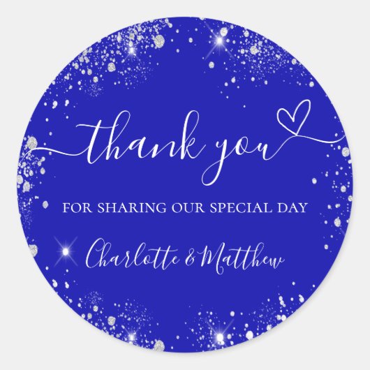 王室の青い銀のグリッター感謝していの結婚ハート ラウンドシール (正面)