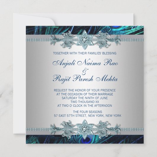 王室の青と銀の王室の青の孔雀結婚の 招待状 (裏面)