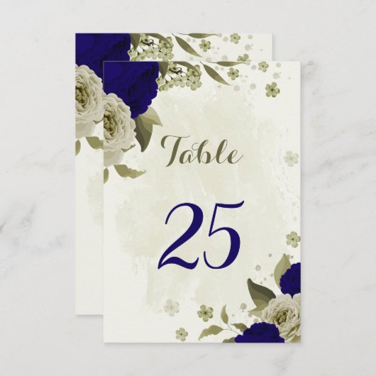 王室の青ベージュフローラ表カード 招待状 (正面/裏面)