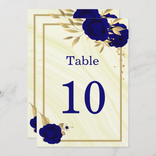 王室の青金ゴールドフローラのジオメトリックテーブル番号 招待状 (正面/裏面)