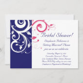 王室の青、明るい赤紫色、および白スワールブライダルシャワー 招待状 (正面)
