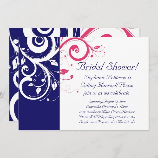 王室の青、明るい赤紫色、および白スワールブライダルシャワー 招待状 (正面/裏面)