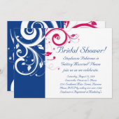 王室の青、明るい赤紫色、および白スワールブライダルシャワー 招待状 (正面/裏面)