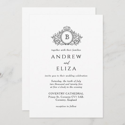 王室の,白黒の紋章モノグラム結婚 招待状 (正面/裏面)