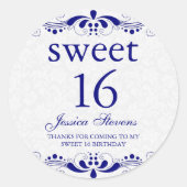 王室の – 青トーンエレガントフローラレースホワイトダマスク ラウンドシール (正面)