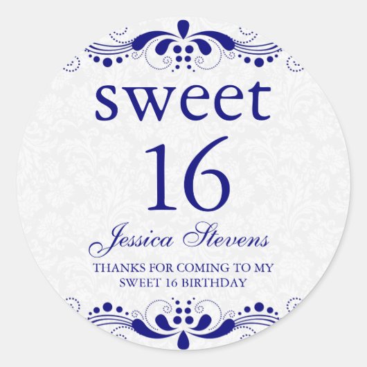 王室の – 青トーンエレガントフローラレースホワイトダマスク ラウンドシール (正面)