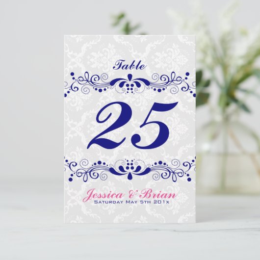 王室の – 青トーンエレガントフローラレースホワイトダマスク 招待状 (スタンド正面)