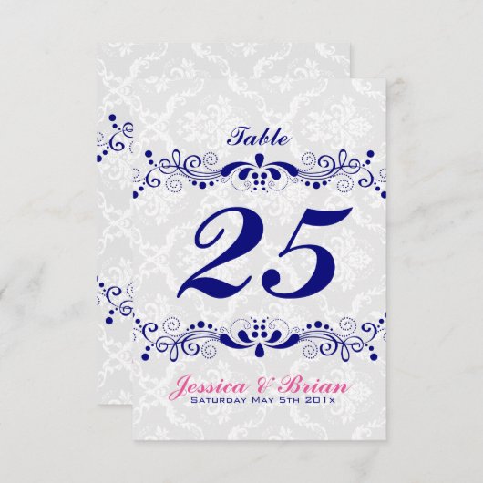 王室の – 青トーンエレガントフローラレースホワイトダマスク 招待状 (正面/裏面)