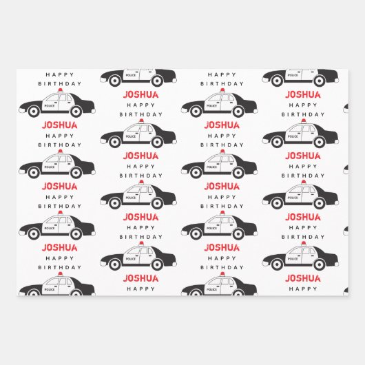 玩具警察車名前をカスタムする子供の誕生日 ラッピングペーパーシート (正面)