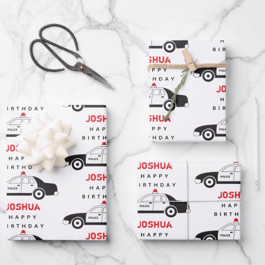 玩具警察車名前をカスタムする子供の誕生日 ラッピングペーパーシート (正面)