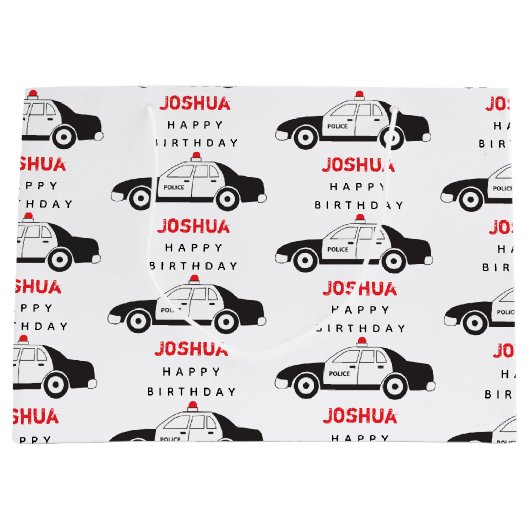 玩具警察車名前をカスタムする子供の誕生日 ラージペーパーバッグ (正面)