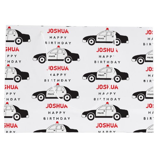 玩具警察車名前をカスタムする子供の誕生日 ラージペーパーバッグ (裏面)