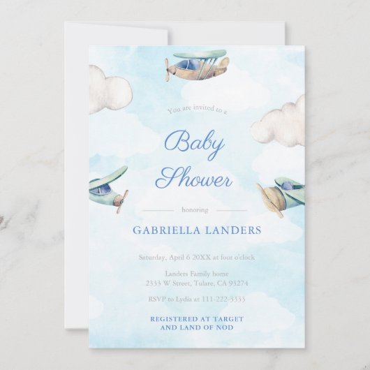 玩具飛行機旅行男児シャワー散水器 招待状 (正面)