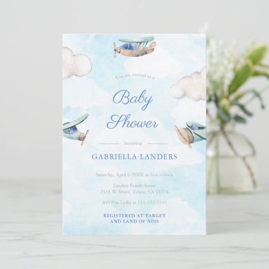 玩具飛行機旅行男児シャワー散水器 招待状 (スタンド正面)