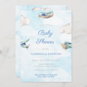 玩具飛行機旅行男児シャワー散水器 招待状 (正面/裏面)