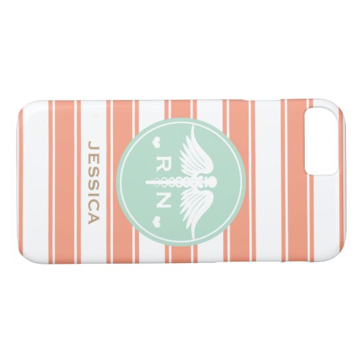 珊瑚およびティール（緑がかった色）のストライプなケリュケイオンのナースRN Case-Mate iPhoneケース (裏面(横))