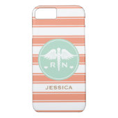 珊瑚およびティール（緑がかった色）のストライプなケリュケイオンのナースRN Case-Mate iPhoneケース (裏面)