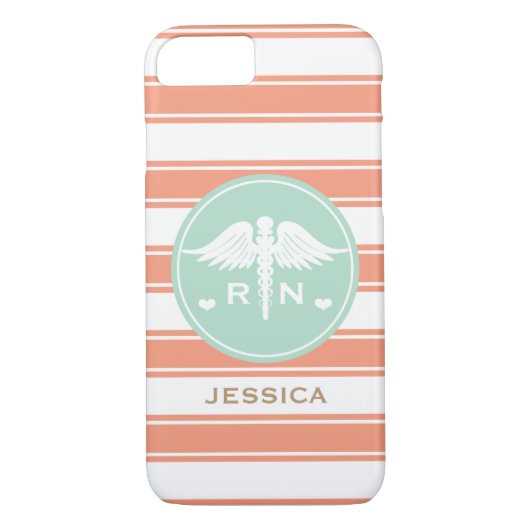 珊瑚およびティール(緑がかった色)のストライプなケリュケイオンのナースRN Case-Mate iPhoneケース (裏面)