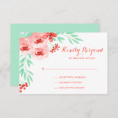 珊瑚およびミントの水彩画花の結婚RSVP 出欠カード (正面/裏面)