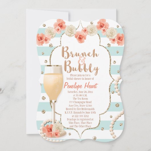 珊瑚および水のブランチおよび快活なブライダルシャワー 招待状 (正面)