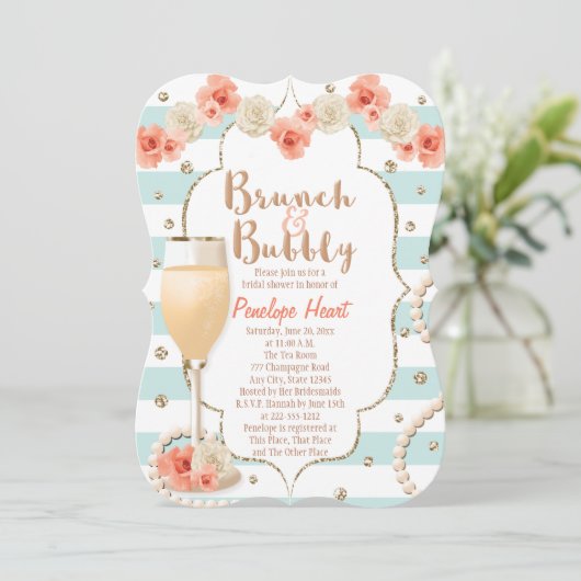 珊瑚および水のブランチおよび快活なブライダルシャワー 招待状 (スタンド正面)