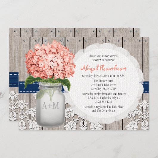 珊瑚および海軍アジサイのメーソンジャーのブライダルシャワー 招待状 (正面/裏面)