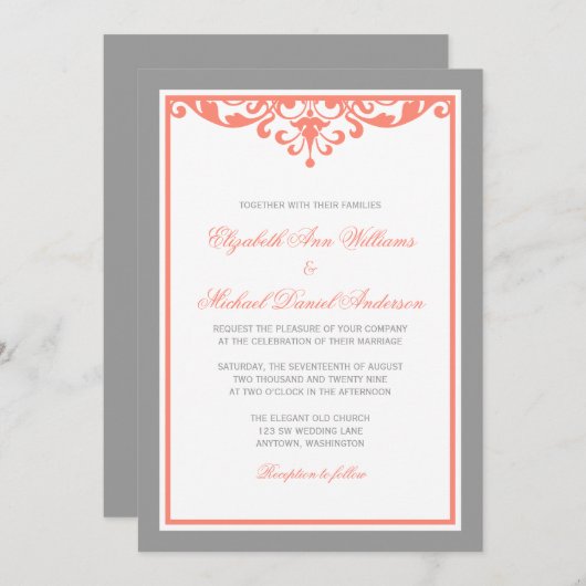 珊瑚および灰色の華麗さの結婚式招待状 招待状 (正面/裏面)