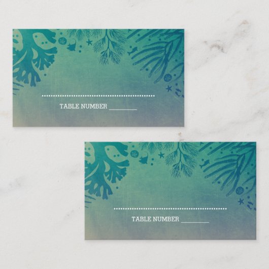 珊瑚および熱帯海の宝物ティール（緑がかった色） プレイスカード (正面/裏面)