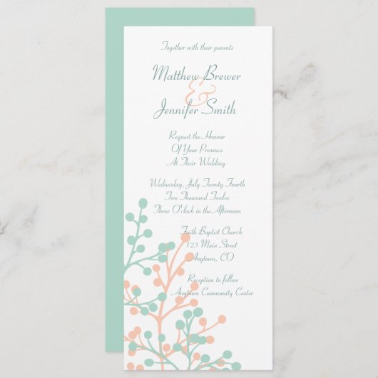 珊瑚および緑の花の長い結婚式招待状 招待状 (正面/裏面)