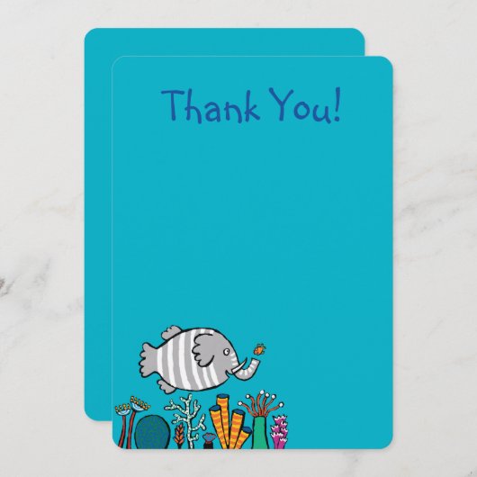 珊瑚とのかわいい象の魚場面 サンキューカード (正面/裏面)