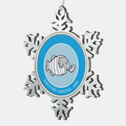 珊瑚とのかわいい象の魚場面 スノーフレークピューターオーナメント (右)