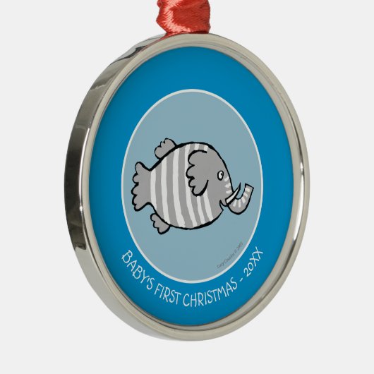 珊瑚とのかわいい象の魚場面 メタルオーナメント (右)