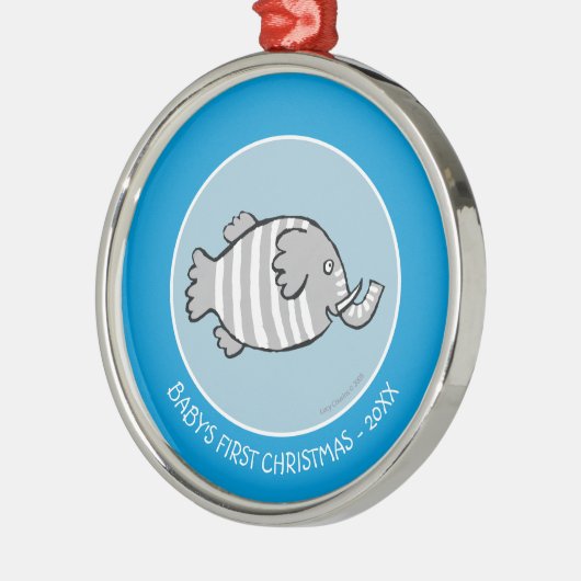 珊瑚とのかわいい象の魚場面 メタルオーナメント (左)