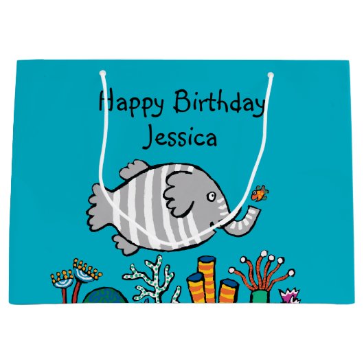 珊瑚とのかわいい象の魚場面 ラージペーパーバッグ (正面)