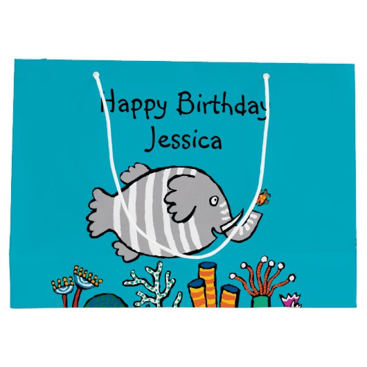 珊瑚とのかわいい象の魚場面 ラージペーパーバッグ (裏面)