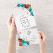 珊瑚とターコイズ水色フローラ結婚ズオール  オールインワン招待状 (貼ってはがせる)