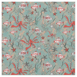 珊瑚と青の中のタコと魚の織物 ファブリック
