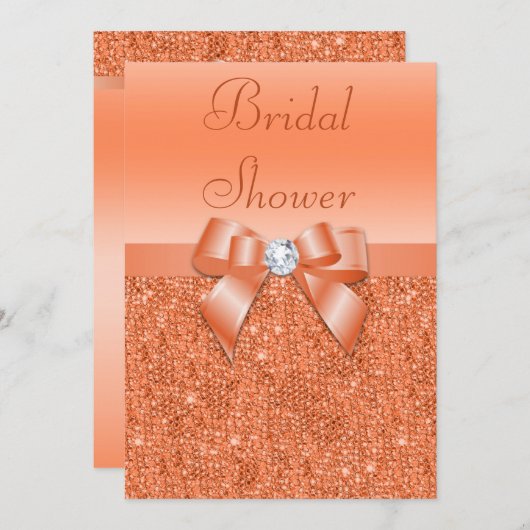 珊瑚によって印刷されるスパンコールの弓及びダイヤモンドのブライダルシャワー 招待状 (正面/裏面)