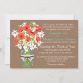 珊瑚のケシのメーソンジャーのバーラップの素朴な結婚式 招待状 (正面)