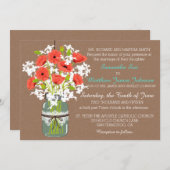 珊瑚のケシのメーソンジャーのバーラップの素朴な結婚式 招待状 (正面/裏面)